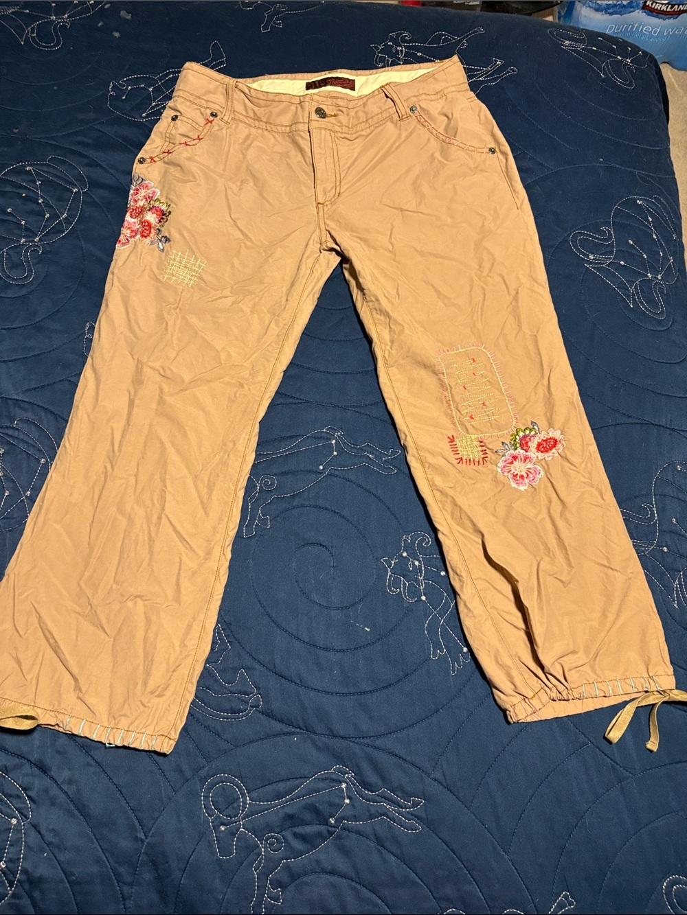 Miss Me Tan Chinos with Floral Embroidery
